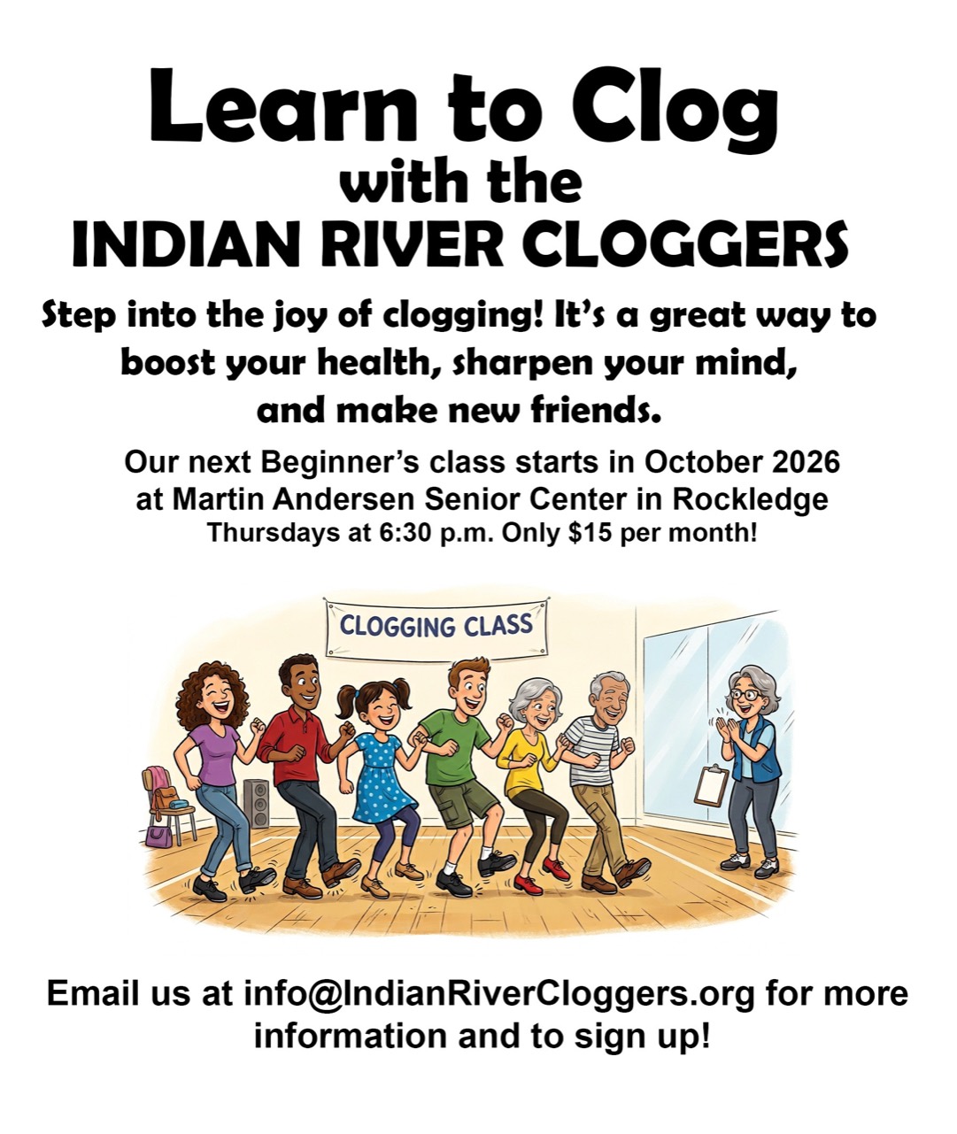 Learn to Clog beginner class flyer for the Indian River Cloggers